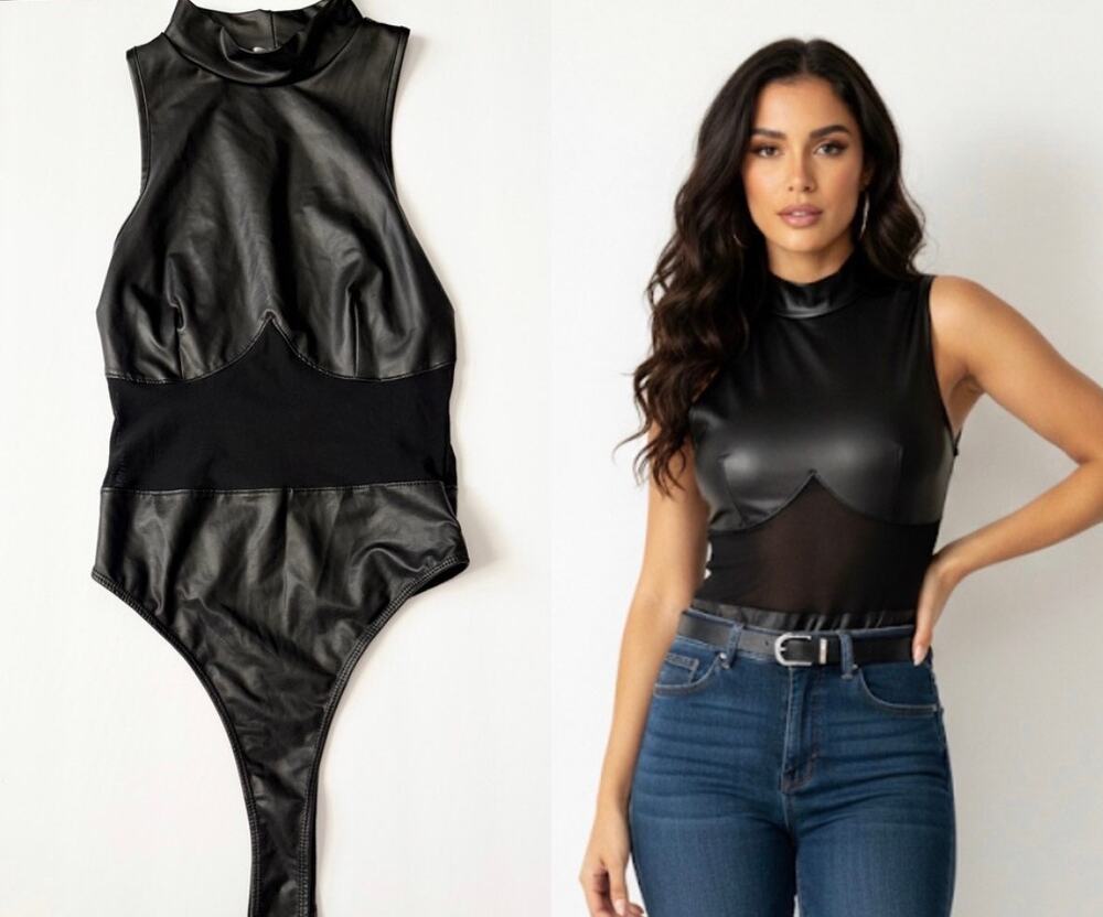 Bozzolo Faux Leather Mesh Cutout Bodysuit Black Small Rave Club